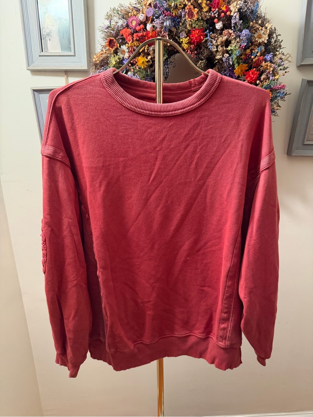 Women’s Aerie Casual Crewneck Sweater - Dusty Rose with Crochet Elbows